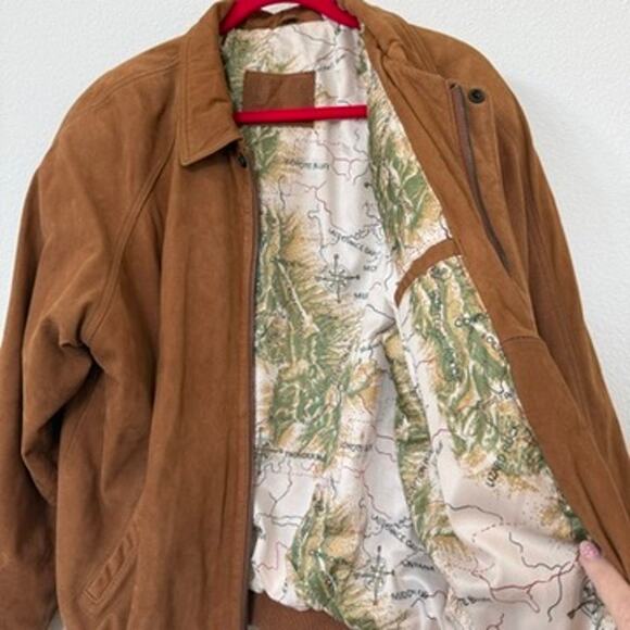 Marlboro Adventure Team Suede Leather Bomber Jacket Map Lining L Vintage 90s - Picture 7 of 8